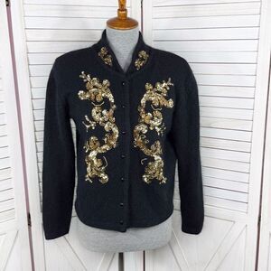 Vintage Karen Scott Sequin Fuzzy Angora Wool Cardigan Sweater Black Gold Medium